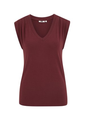 Top senza maniche color marrone mogano con scollo a V, dettagli plissettati sulle spalle e silhouette aderente.