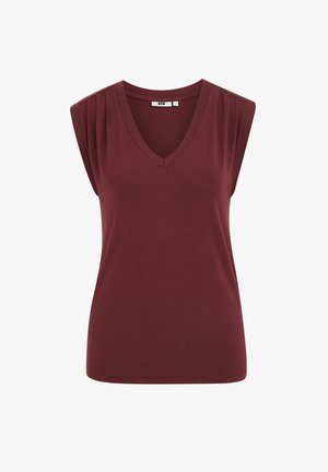 Bordowy bezrękawnik z dekoltem w serek, z plisowanymi detalami na ramionach i dopasowanym krojem.