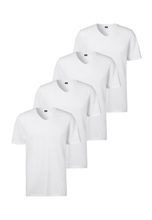 Quattro magliette a maniche corte bianche in cotone a collo a V, disposte in una pila, con una vestibilità classica. Non sono visibili motivi o dettagli.