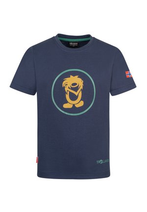 Navy blue kids t-shirt with a yellow troll face graphic inside a green circle and a small Norwegian flag on the right sleeve.