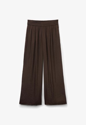 Bruine wijde broek met een elastische, geplooide tailleband, gemaakt van lichtgewicht, licht gestructureerde stof.