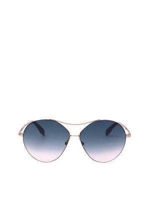 Occhiali da sole stile aviatore con montatura in metallo dorato e lenti sfumate dal blu scuro al rosa chiaro.
