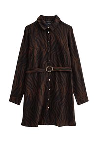 Vestido camisa con cinturón, de manga larga, a rayas de tigre en marrón y negro, con cuello y cierre frontal de botones.