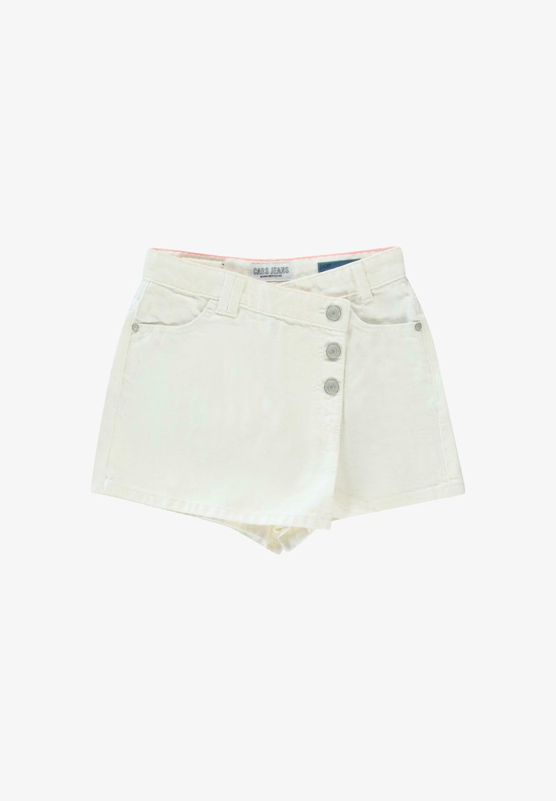 Witte denim shorts met een hoge taille, voorzien van drie knopen aan de voorkant, twee zakken en een schoon, eenvoudig ontwerp. Ideaal voor casual draag.