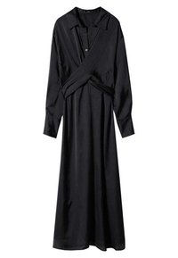 Robe noire à manches longues avec col à revers, boutonnage sur le devant et design croisur. Fabrique9e en tissu lisse, prsentant une silhouette fluide.