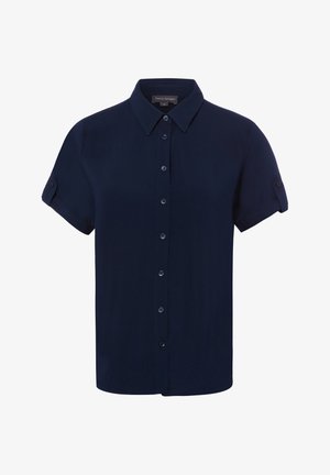 Chemise bleu marine à manches courtes avec boutons, col et pattes de manches boutonnées, présentée sur fond blanc.