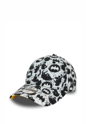 Schwarz-weiße Jugendkappe mit Batman-Logos und Silhouetten, ausgestattet mit einer gebogenen Krempe und einem verstellbaren Riemen hinten.