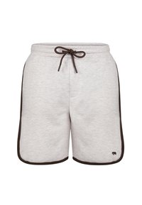 Pantaloni corti in felpa grigia con vita a cordoncino, dettagli marroni ai bordi e un piccolo logo sul lato sinistro in basso.