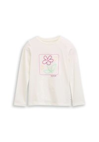 Weißes Langarmhemd mit einem Blumenmotiv in Pink, Grün und Orange innerhalb eines Quadrats, mit dem Text "TOM TAILOR" am unteren Rand. Aus weichem Stoff.