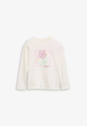 Bela dolga majica z dolgimi rokavi, ki prikazuje cvetlični motiv v roza, zeleni in oranžni barvi v kvadratu, z napisom "TOM TAILOR" na dnu. Mehak material.