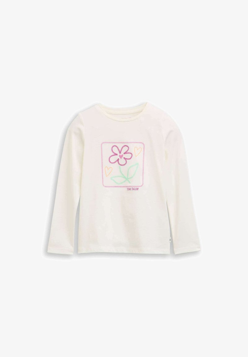 Camiseta de manga larga blanca con un diseño de flores rosa, verde y naranja dentro de un cuadrado, con el texto "TOM TAILOR" en la parte inferior. Tejido suave.
