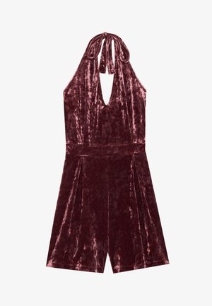 Burgundy velvet halter-neck romper with a deep V-neckline, pleated front, and tie closure at the back. Soft texture and shiny finish.