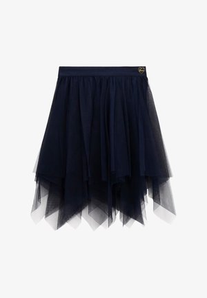 Tengerés tüll szoknya réteges, aszimmetrikus dizájnnal; szilárd derékrésszel rendelkezik, és az oldalán egy kis arany szív embléma található.