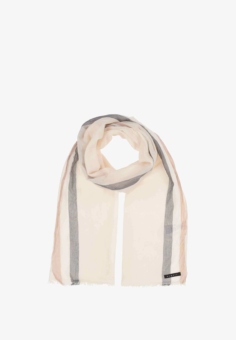 Leichter Schal in Creme mit grauen und rosa Streifen. Ausgefranste Kanten, weiche Textur und ein subtiler Glanz. Mit einem Markenetikett in der Ecke.