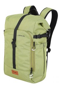 Green roll-top backpack with black straps, made of textured fabric. Features zippered pockets and a logo patch on the front.