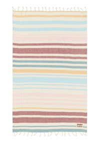 Gestreepte strandhanddoek van zachte katoen, met afwisselende tinten blauw, roze, beige en kastanjebruin, en knoopfranje langs de rand.