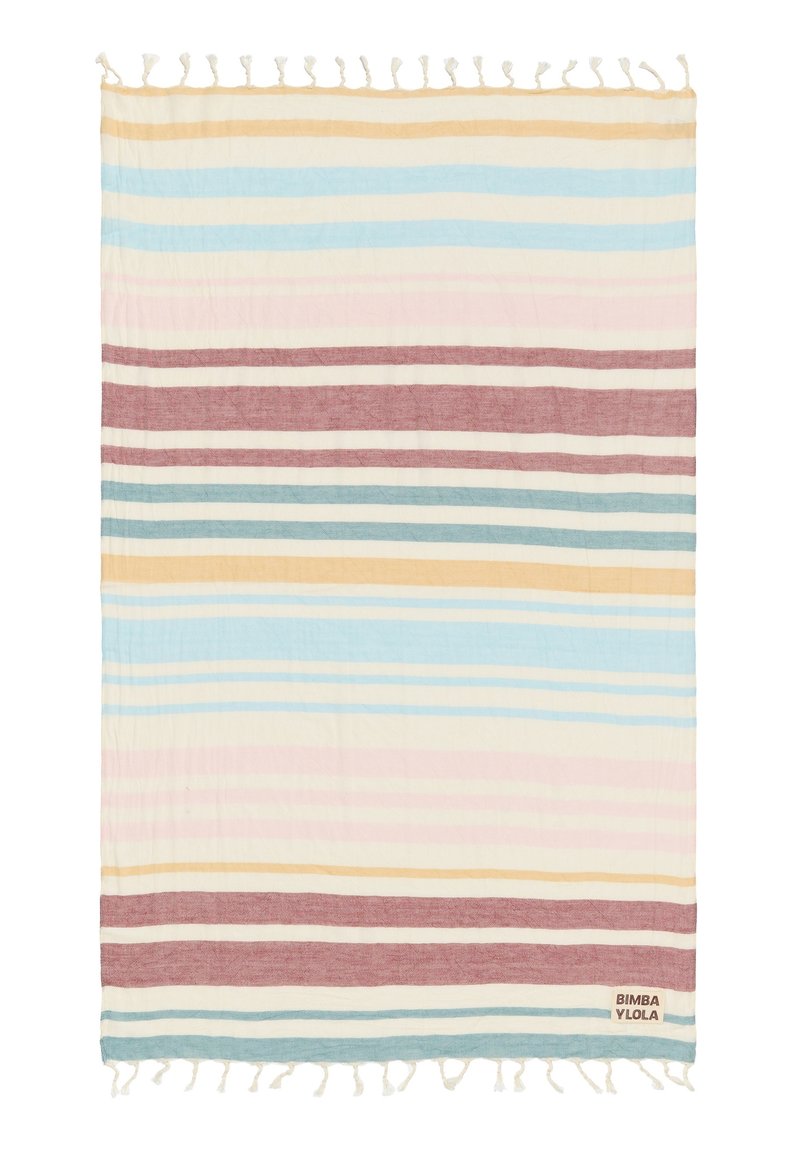 Gestreepte strandhanddoek van zachte katoen, met afwisselende tinten blauw, roze, beige en kastanjebruin, en knoopfranje langs de rand.