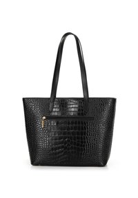 Borsa tote nera con effetto coccodrillo, superficie testurizzata, doppi manici e tasca frontale con zip caratterizzata da dettagli in oro.