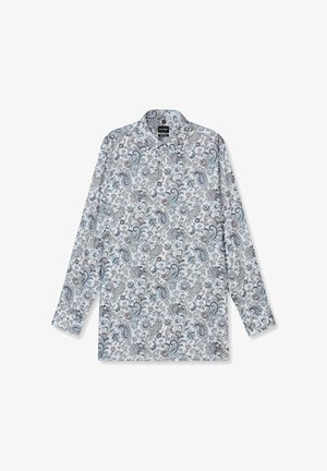 Langärmeliges Hemd mit weißer Basis und aufwändigen blauen, grauen und burgunderfarbenen Paisley- und Blumenmustern, gefertigt aus leichtem Stoff.