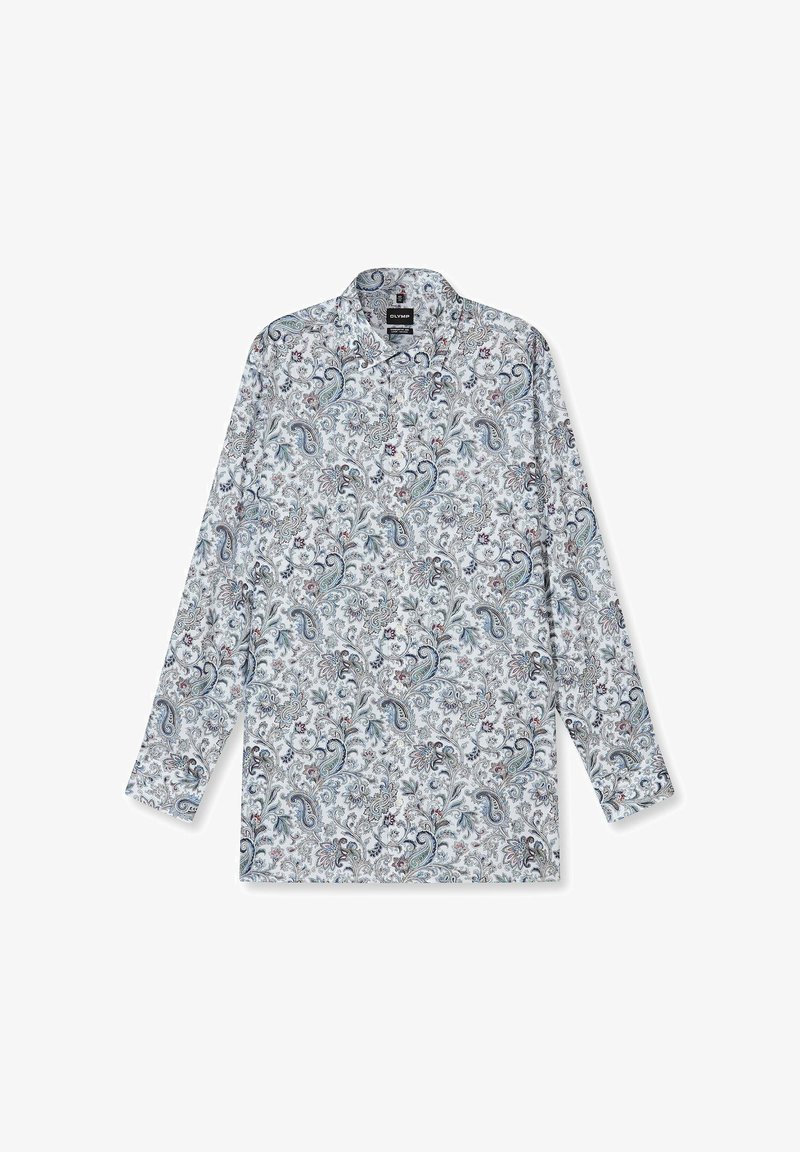 Langärmeliges Hemd mit weißer Basis und aufwändigen blauen, grauen und burgunderfarbenen Paisley- und Blumenmustern, gefertigt aus leichtem Stoff.