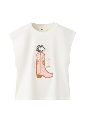 Weißes ärmelloses Shirt mit einem pinken Cowboy-Stiefel und Snoopy, der einen Hut darin trägt, Text lautet "Finde mich! im Wilden Westen."