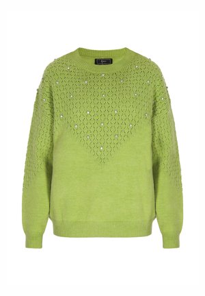 Zielony sweter dzianinowy z teksturowanym wzorem, okrągłym dekoltem i ozdobami. Luźny krój z prążkowanymi mankietami i dołem.