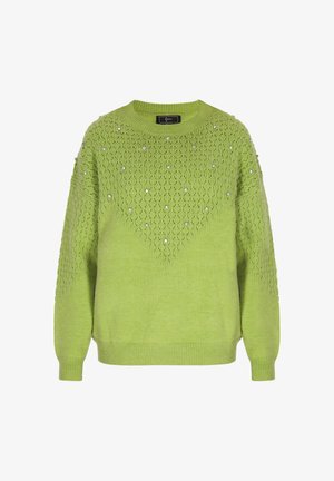 Žalias megztinis su tekstūruotu raštu, apvaliu iškirpimu ir dekoracijomis. Laidus siluetas su raukiniais ant rankovių ir apatinės dalies.