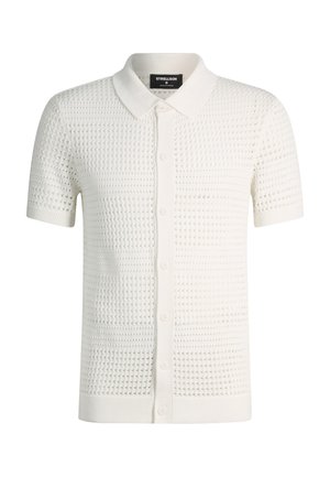 Wit gebreid poloshirt met korte mouwen, met een gestructureerd wafelpatroon en knoopsluiting aan de voorkant.
