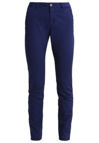 Navyblauwe op maat gemaakte broek van een katoenmix, met een rechte snit, zijzakken en een knoopsluiting bij de taille.