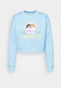 Przycięty sweatshirt w jasnoniebieskim polaru, z grafiką dwóch cherubów w muszli z napisem "Fiorucci" w żółtym kolorze.
