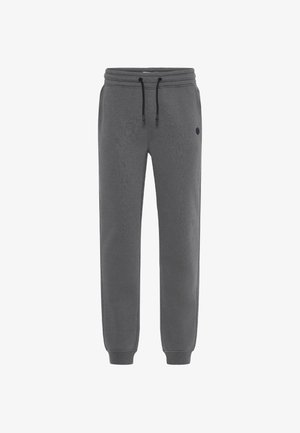 Pantalones de chándal grises con cintura elástica, cordón ajustable y puños ajustados. Presenta un pequeño logo en el muslo izquierdo.
