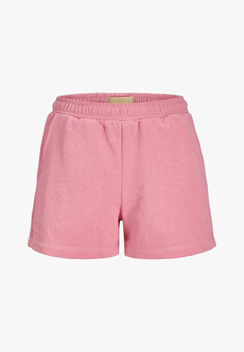 Pantalones cortos de algodón rosa con cintura elástica, que cuentan con bolsillos laterales y un acabado suave y texturizado. Diseño simple y corte de longitud media.