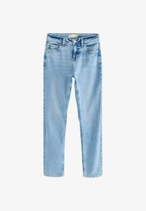 Jasnoniebieskie dżinsy w slim fit, pięć kieszeni, zamek błyskawiczny i przetarty kolor. Gładka tekstura z widocznymi detalami stębnowania.