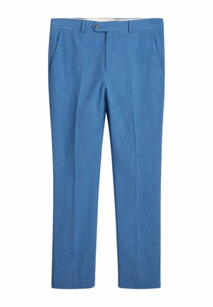Lyseblå skræddersyede bukser i et tekstureret stof, der har frontfolder, knaplukning og sidelommer. Almindelig ben design.