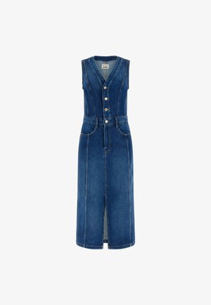 Denimkleit ilma varrukateta disainiga, sügava V-kaelusega, viie nupuga ees, kahe eesmine taskuga ja lõhiku põhjas. Kivipesu sinine värv.