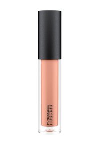 MAC Lipglass i en klar tube med en matt svart kork. Produktet har en myk ferskenfarge, glatt tekstur og glansfull finish.