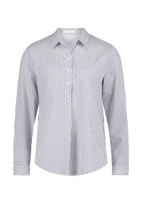 Navy and white striped long-sleeve shirt with a button-up front, collar, and two chest pockets. Cotton fabric with a smooth texture.