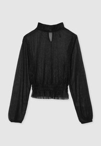 Blusa nera trasparente con maniche lunghe, vita arricciata, collo alto e dettaglio con apertura a chiave sul retro. Tessuto testurizzato con una leggera lucentezza.