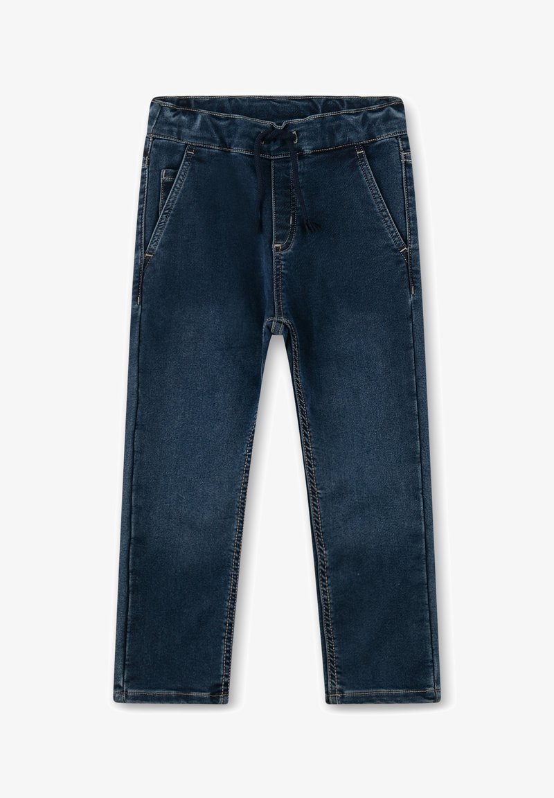 Dunkelblaue Jeanshosen mit elastischem Bund, Kordelzug und zwei Seitentaschen. Verfügen über kontrastierende Nähte und ein gerades Bein.