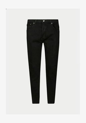 Jeans in denim nero con design aderente, stile a cinque tasche, chiusura con bottone frontale e dettagli di cucitura visibili minimi.