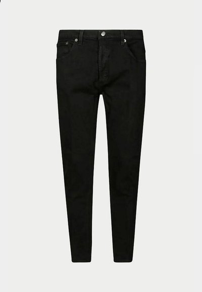 Zwarte denim jeans met een aansluitend ontwerp, vijf zakken, knoopsluiting aan de voorkant en minimale zichtbare stikseldetails.