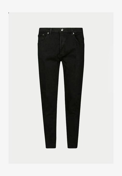 Jeans in denim nero con design aderente, stile a cinque tasche, chiusura con bottone frontale e dettagli di cucitura visibili minimi.