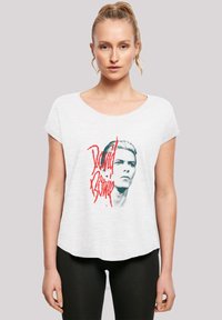 White short-sleeve t-shirt with a round neckline, featuring a graphic print of a person and "David Bowie" in red lettering.
