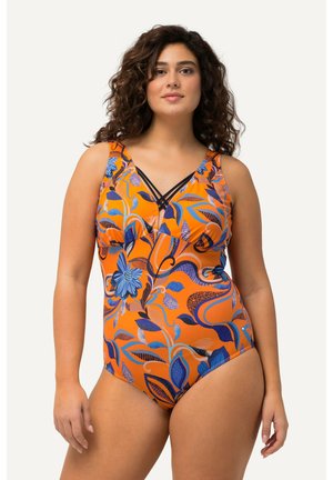 Eén-delig badpak in een levendige oranje kleur met blauwe bloemen- en bladranken. Ontworpen met een v-hals en gekruiste banden voor een veilige pasvorm.