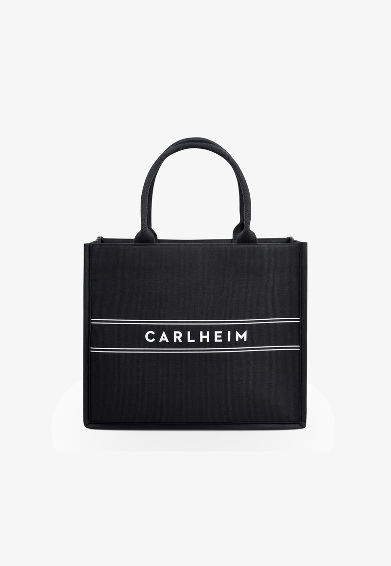 Juodas tote maišas, pagamintas iš tvirto audinio, su dviem viršutiniais rankenomis, dėžutės forma ir baltu "CARLHEIM" logotipu su horizontaliomis juostelėmis.