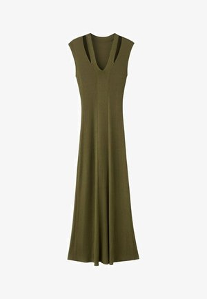 Maxi haljina od pletenine maslinasto zelene boje bez rukava, s V-izrezom i detaljima s izrezima na ramenima, uska pri vrhu i šireća prema dnu.
