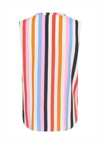 Sleeveless top featuring vertical stripes in colors including navy, red, orange, pink, and blue on a cream background. Soft fabric.