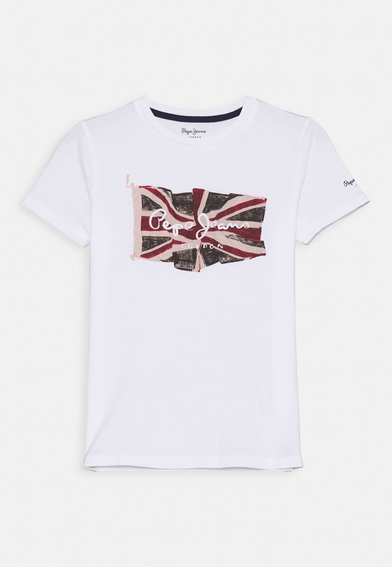Bílý bavlněný tričko s grafikou britské vlajky Union Jack a nápisem "Pepe Jeans London" v černém kurzívním písmu. Krátké rukávy, kulatý výstřih.