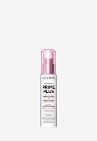 Prebase de maquillaje Revlon PhotoReady Prime Plus en un frasco blanco con un dispensador rosa. Los detalles en el texto incluyen "Perfeccionador + Alisador" y destacados de ingredientes.