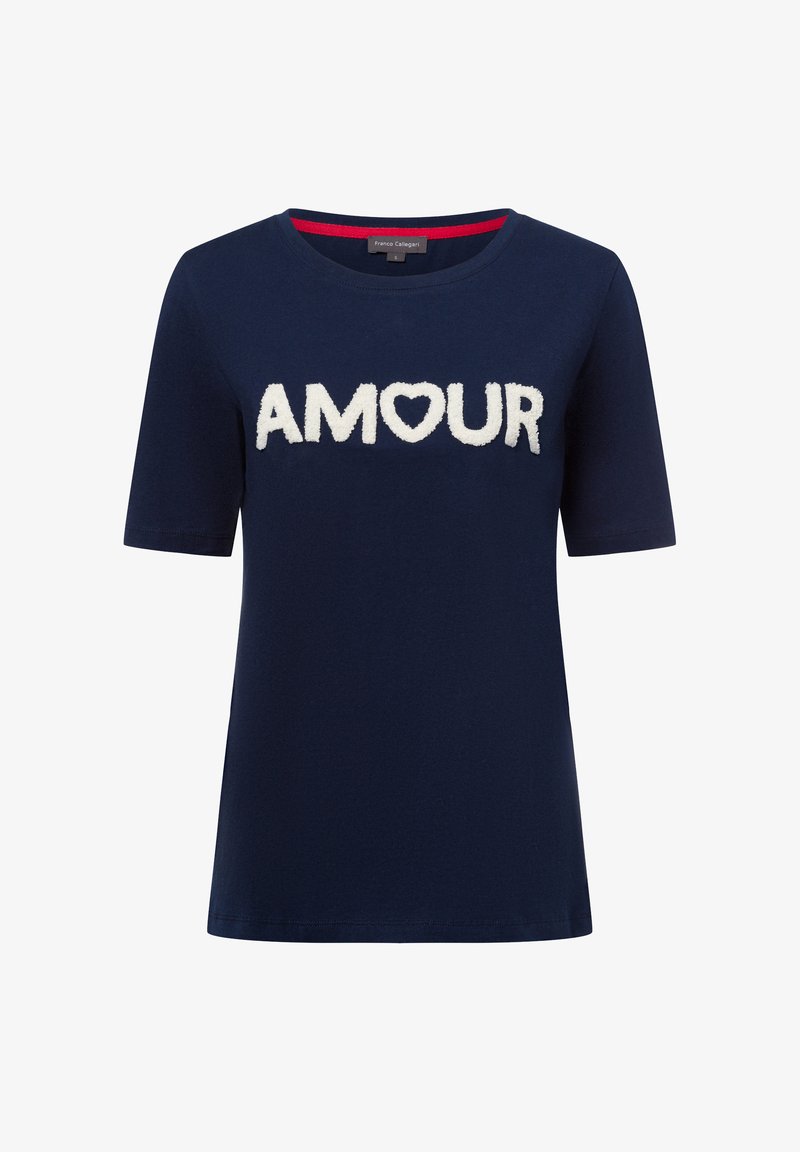 Navy blue T-shirt with short sleeves and a crew neck, featuring soft white textured lettering that spells “AMOUR” with a heart symbol.
